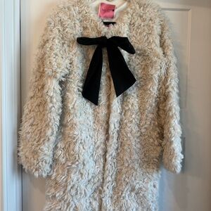 Kate Spade Cream Faux Fur Coat with Black Bow